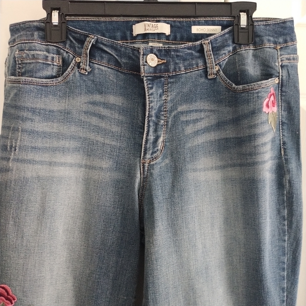 Vintage America Applique Boho Skinny Jeans 14R - Picture 2 of 14